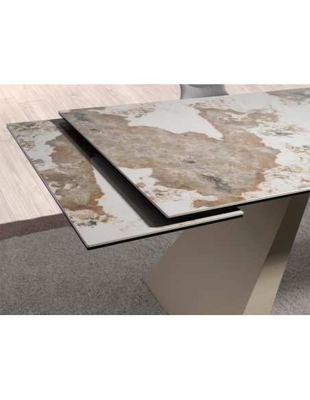 Mesa comedor extensible rectangular mármol porcelánico y acero color champagne