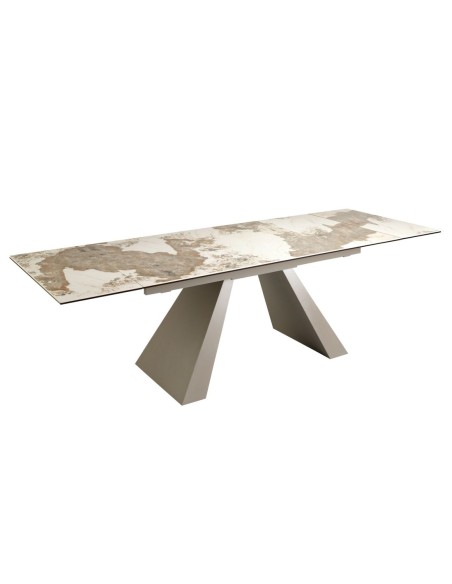 Mesa comedor extensible rectangular mármol porcelánico y acero color champagne