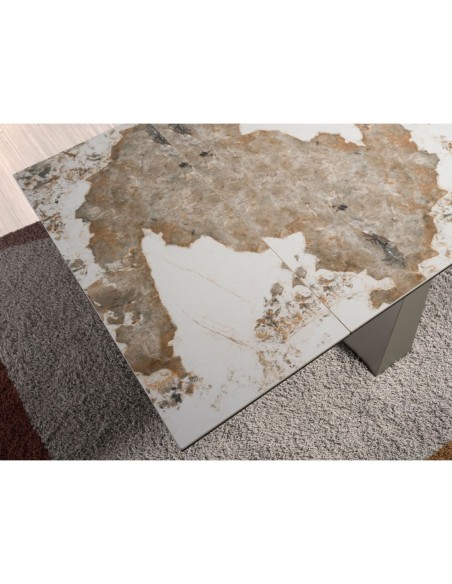 Mesa comedor extensible rectangular mármol porcelánico y acero color champagne