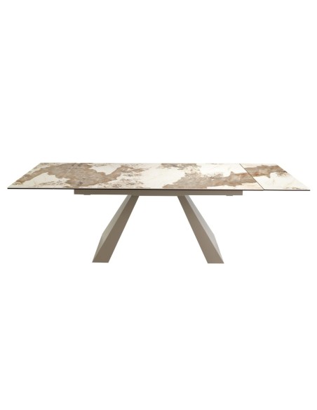 Mesa comedor extensible rectangular mármol porcelánico y acero color champagne
