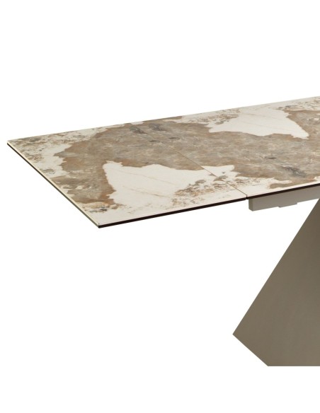 Mesa comedor extensible rectangular mármol porcelánico y acero color champagne