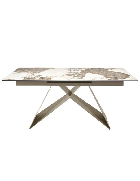 Mesa comedor extensible rectangular mármol porcelánico y acero color champagne