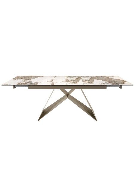 Mesa comedor extensible rectangular mármol porcelánico y acero color champagne