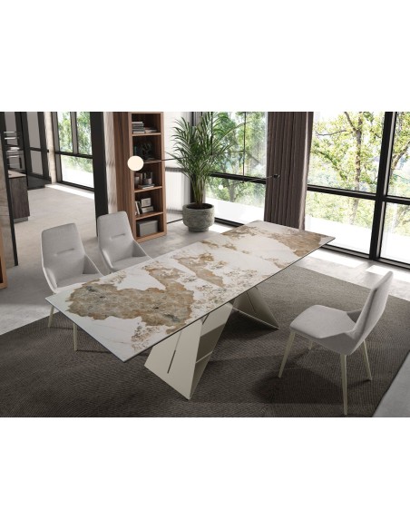Mesa comedor extensible rectangular mármol porcelánico y acero color champagne