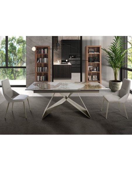 Mesa comedor extensible rectangular mármol porcelánico y acero color champagne