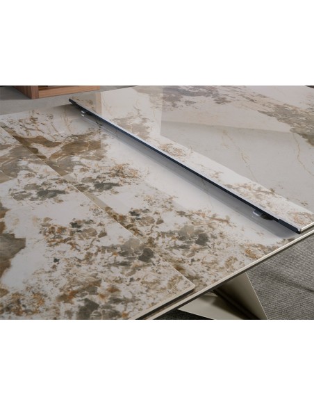 Mesa comedor extensible rectangular mármol porcelánico y acero color champagne