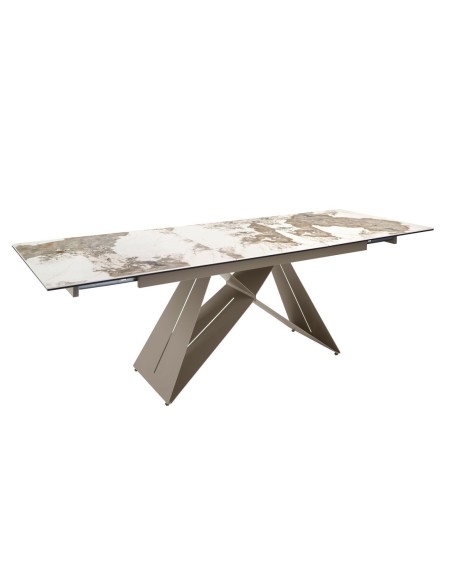 Mesa comedor extensible rectangular mármol porcelánico y acero color champagne