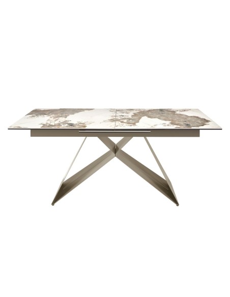 Mesa comedor extensible rectangular mármol porcelánico y acero color champagne