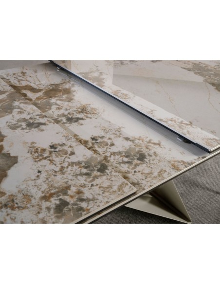 Mesa comedor extensible rectangular mármol porcelánico y acero color champagne