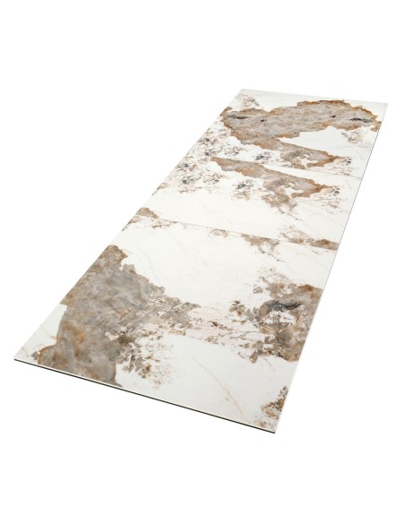 Mesa comedor extensible rectangular mármol porcelánico y acero color champagne