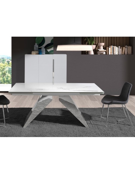 Mesa comedor extensible rectangular mármol porcelánico y acero cromado