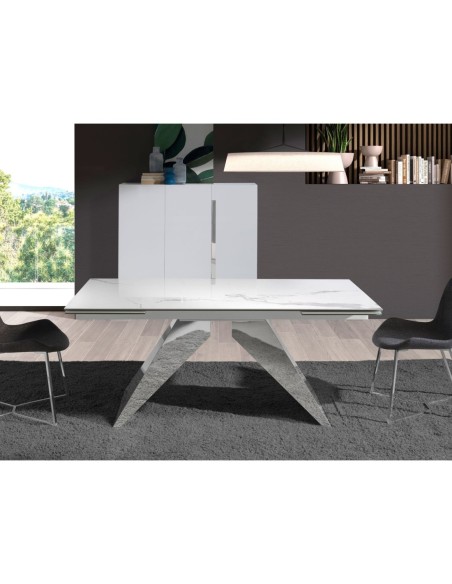 Mesa comedor extensible rectangular mármol porcelánico y acero cromado