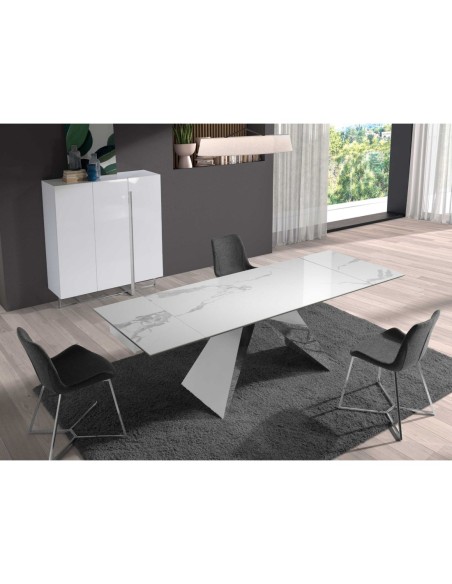 Mesa comedor extensible rectangular mármol porcelánico y acero cromado