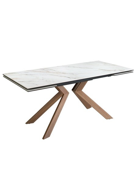 Mesa comedor extensible rectangular mármol porcelánico y acero efecto nogal