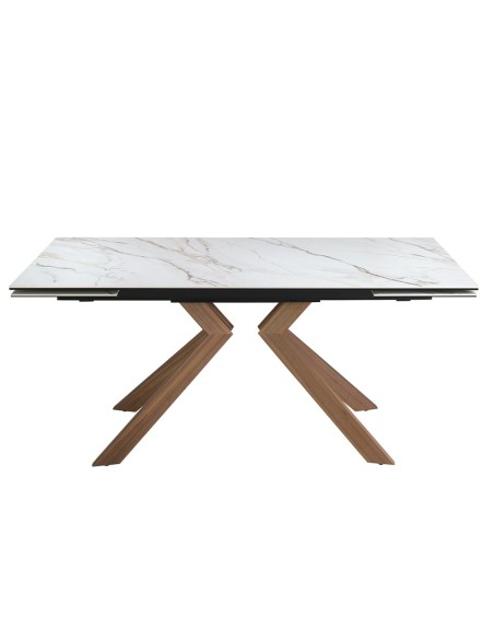 Mesa comedor extensible rectangular mármol porcelánico y acero efecto nogal