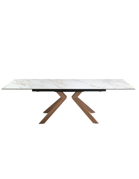 Mesa comedor extensible rectangular mármol porcelánico y acero efecto nogal