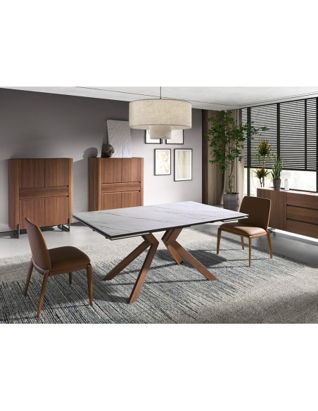 Mesa comedor extensible rectangular mármol porcelánico y acero efecto nogal