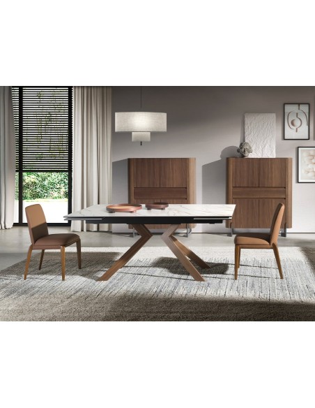 Mesa comedor extensible rectangular mármol porcelánico y acero efecto nogal