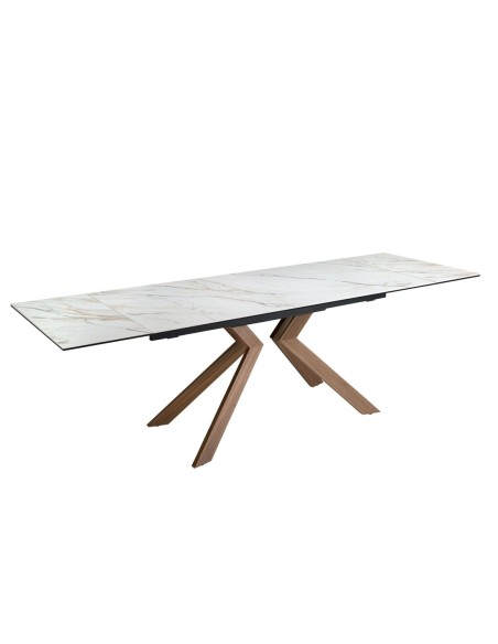 Mesa comedor extensible rectangular mármol porcelánico y acero efecto nogal