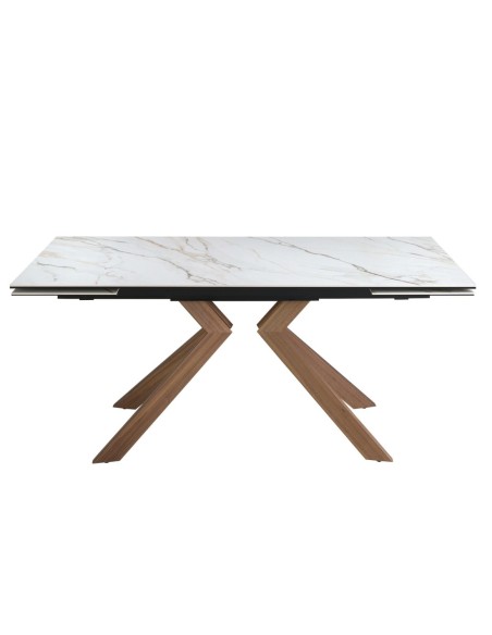 Mesa comedor extensible rectangular mármol porcelánico y acero efecto nogal