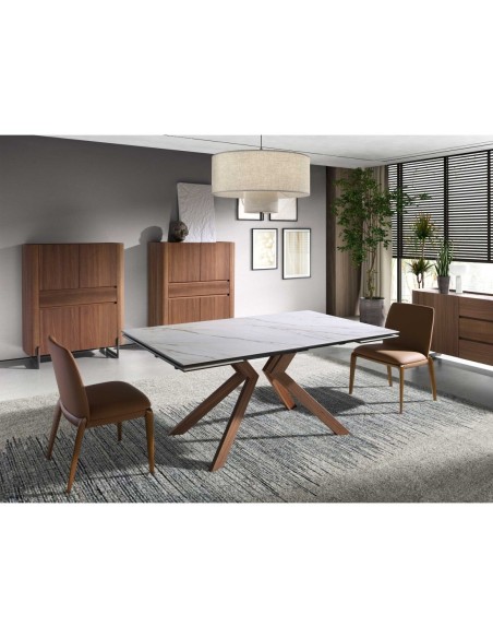 Mesa comedor extensible rectangular mármol porcelánico y acero efecto nogal