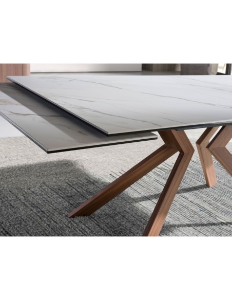 Mesa comedor extensible rectangular mármol porcelánico y acero efecto nogal