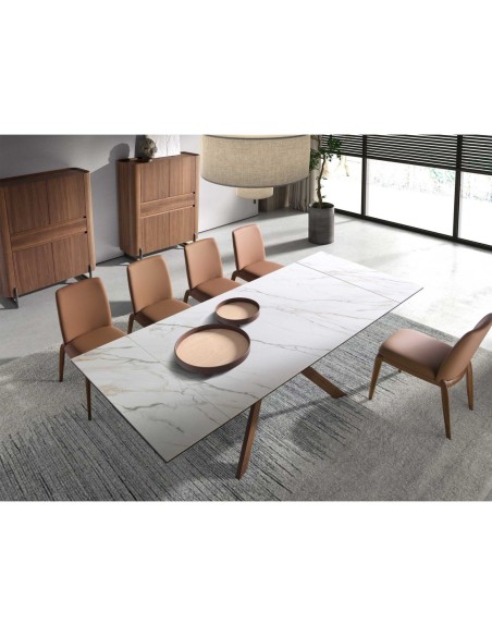 Mesa comedor extensible rectangular mármol porcelánico y acero efecto nogal