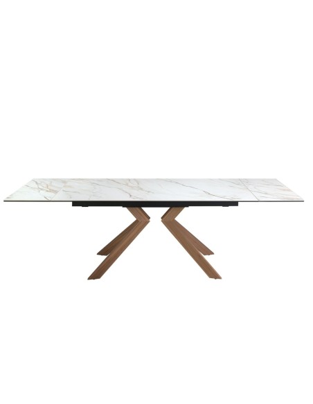 Mesa comedor extensible rectangular mármol porcelánico y acero efecto nogal