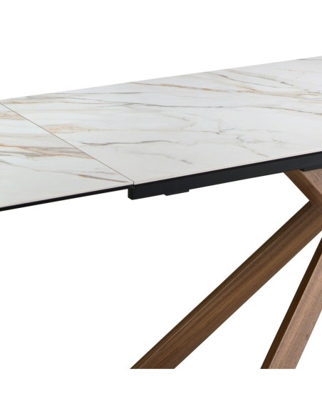 Mesa comedor extensible rectangular mármol porcelánico y acero efecto nogal