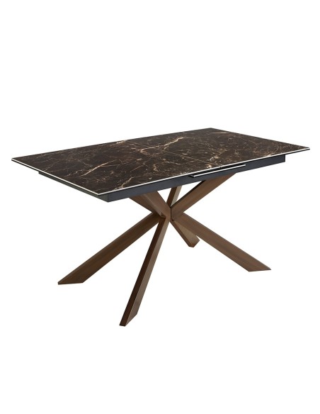 Mesa comedor extensible rectangular mármol porcelánico y acero efecto nogal
