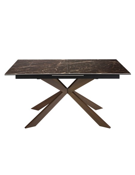Mesa comedor extensible rectangular mármol porcelánico y acero efecto nogal
