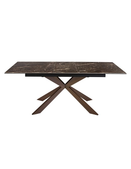 Mesa comedor extensible rectangular mármol porcelánico y acero efecto nogal