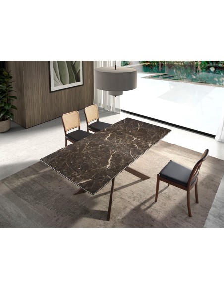 Mesa comedor extensible rectangular mármol porcelánico y acero efecto nogal