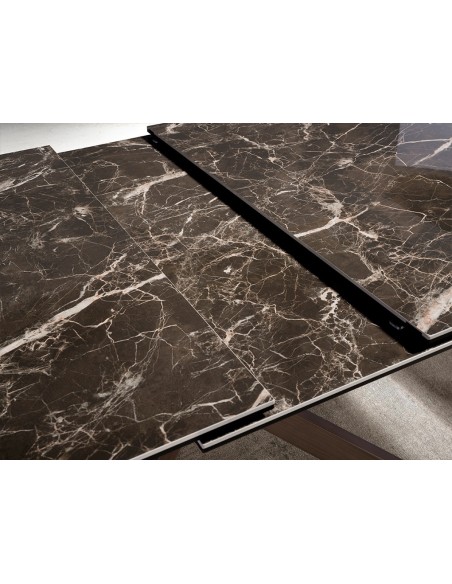 Mesa comedor extensible rectangular mármol porcelánico y acero efecto nogal