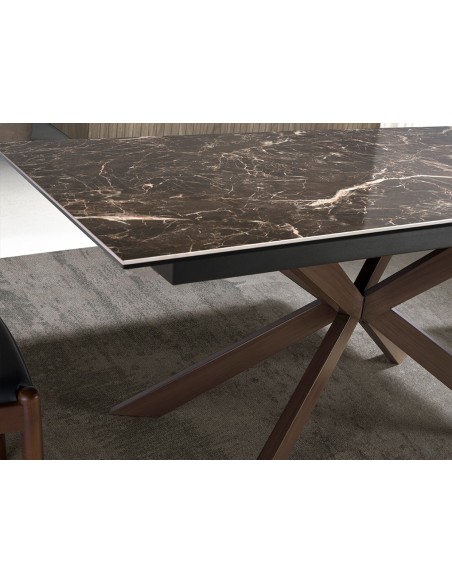 Mesa comedor extensible rectangular mármol porcelánico y acero efecto nogal