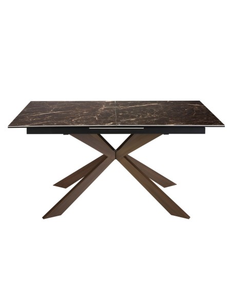Mesa comedor extensible rectangular mármol porcelánico y acero efecto nogal