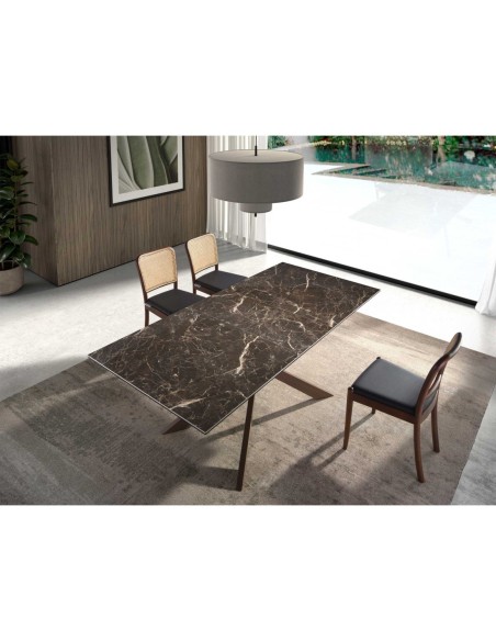 Mesa comedor extensible rectangular mármol porcelánico y acero efecto nogal