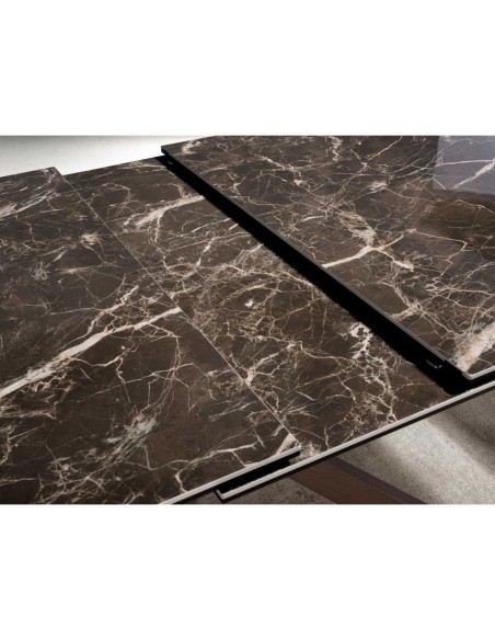 Mesa comedor extensible rectangular mármol porcelánico y acero efecto nogal