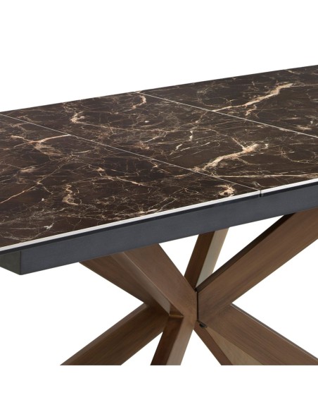 Mesa comedor extensible rectangular mármol porcelánico y acero efecto nogal
