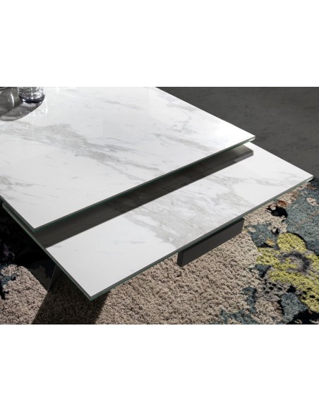 Mesa comedor extensible rectangular mármol porcelánico y acero negro