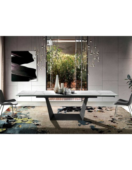 Mesa comedor extensible rectangular mármol porcelánico y acero negro