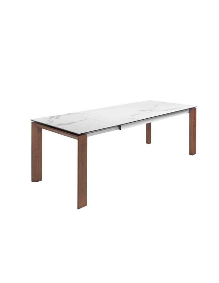 Mesa comedor extensible rectangular mármol porcelánico y nogal