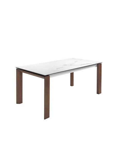 Mesa comedor extensible rectangular mármol porcelánico y nogal