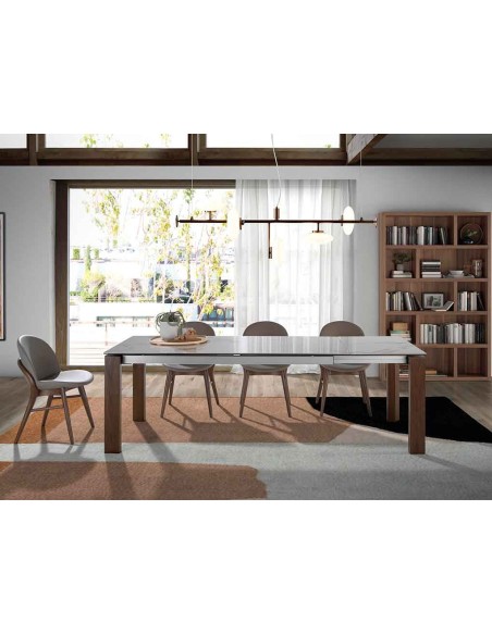Mesa comedor extensible rectangular mármol porcelánico y nogal