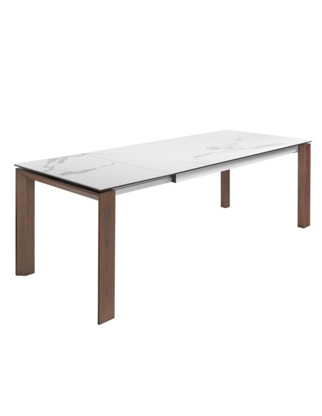Mesa comedor extensible rectangular mármol porcelánico y nogal
