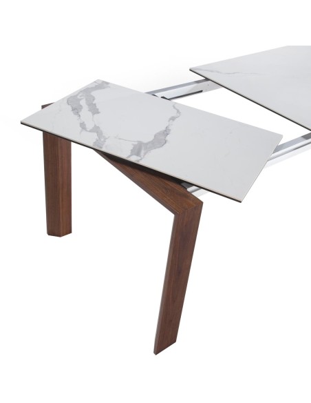 Mesa comedor extensible rectangular mármol porcelánico y nogal