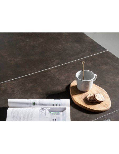 Mesa comedor extensible rectangular mármol porcelánico y nogal