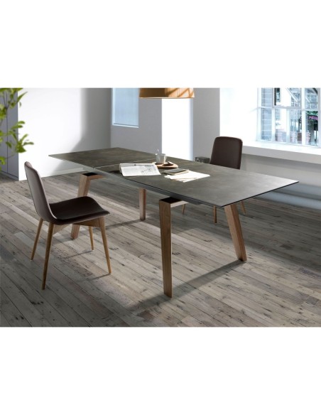 Mesa comedor extensible rectangular mármol porcelánico y nogal