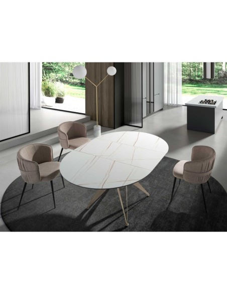 Mesa comedor extensible redonda mármol porcelánico y acero color champagne