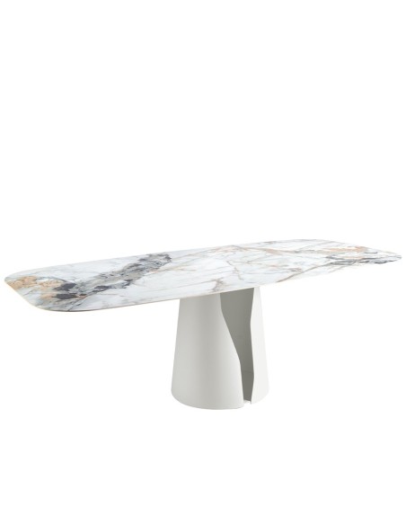 Mesa comedor ovalada barril mármol porcelánico y acero blanco